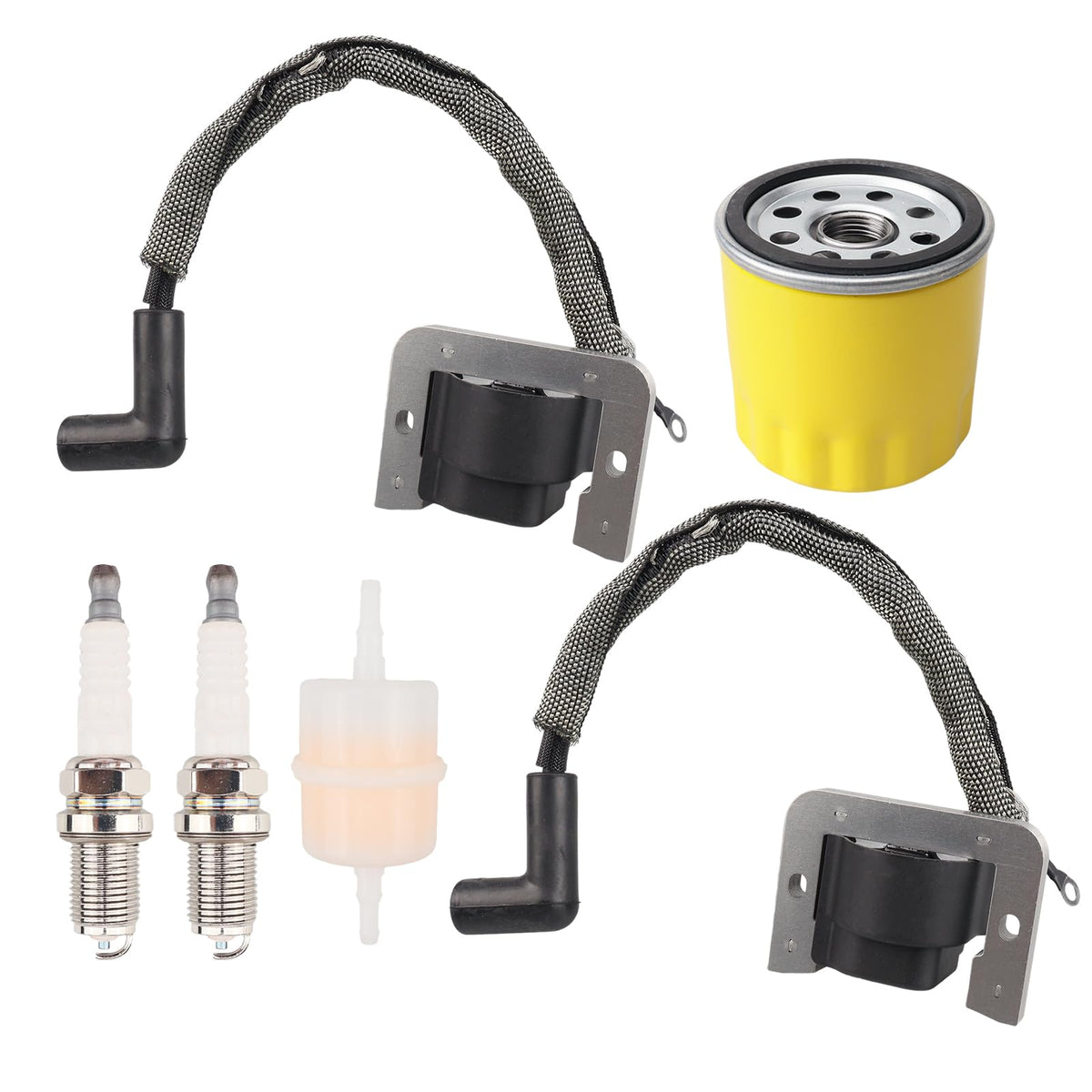 LawnCamille front view of ignition coil kit showing included parts and packaging benefits