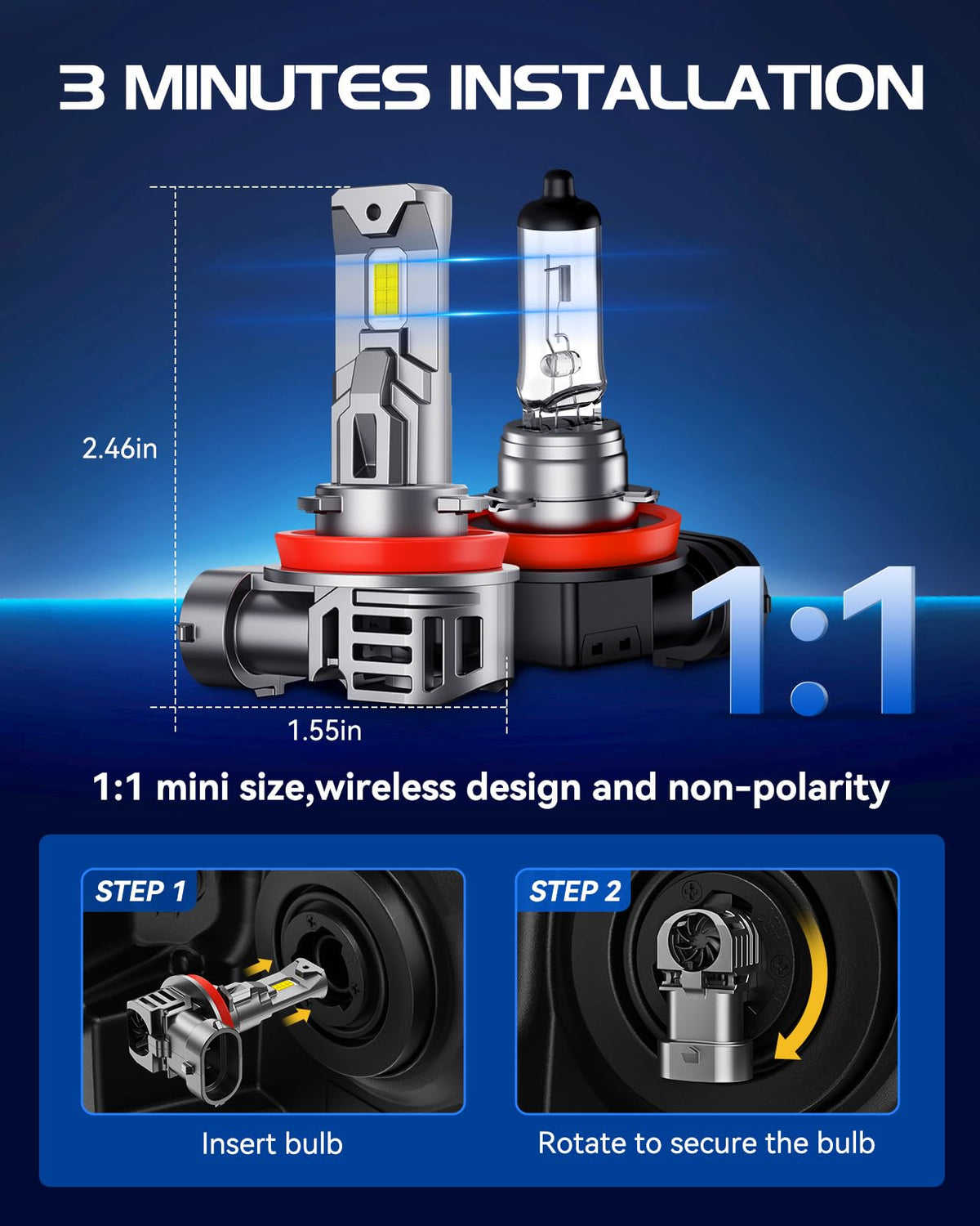 Laxmas bulb installed in a headlight demonstrating brighter nighttime visibility