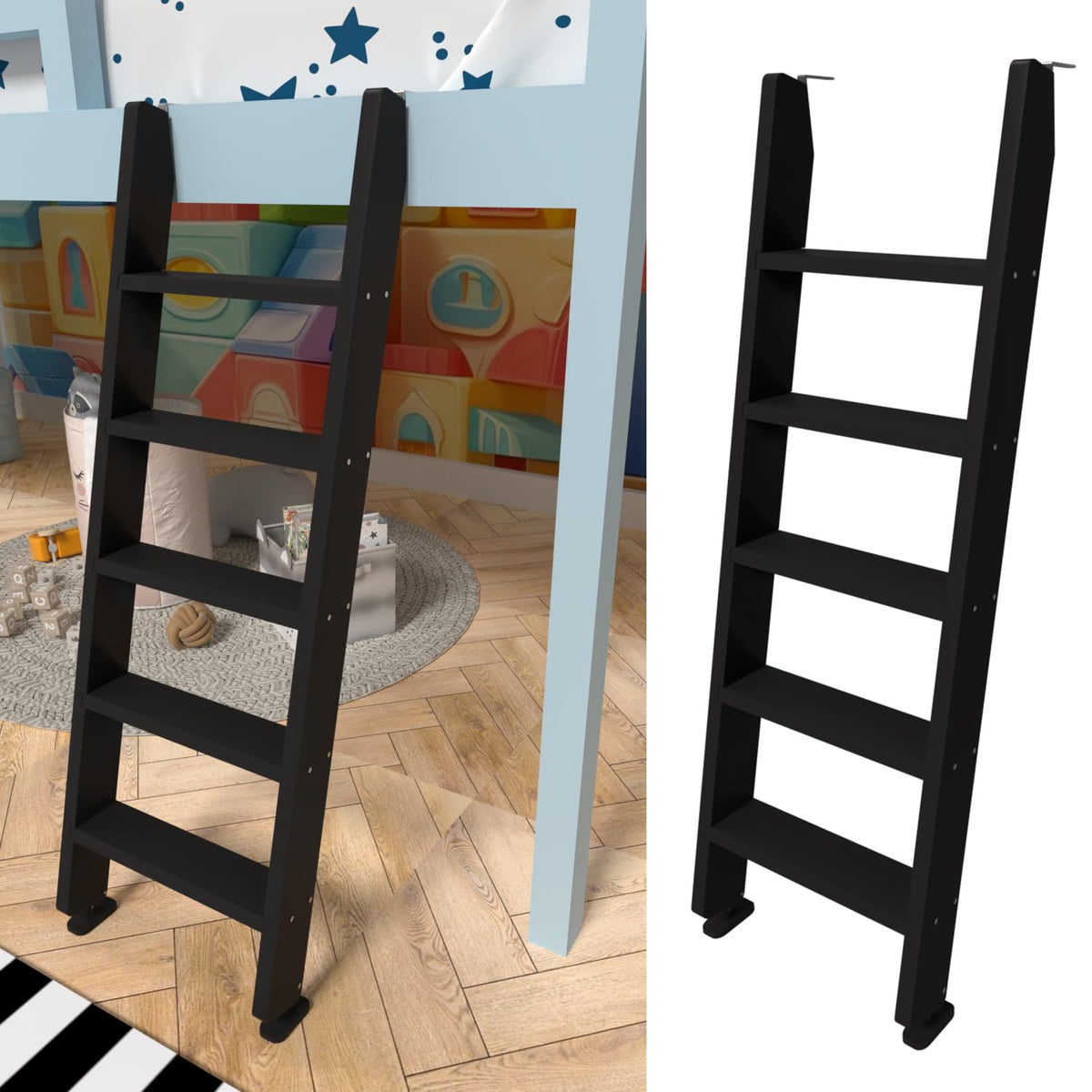 LBMBMO front view of black wood ladder showing sturdy design and safe access
