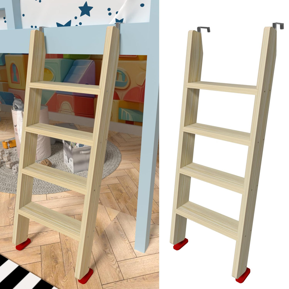 LBMBMO front view full ladder showing sturdy wood and wide steps for safer climbs