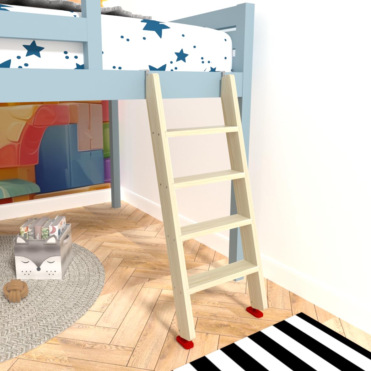 LBMBMO lifestyle bedroom installation with ladder beside loft bed for home use