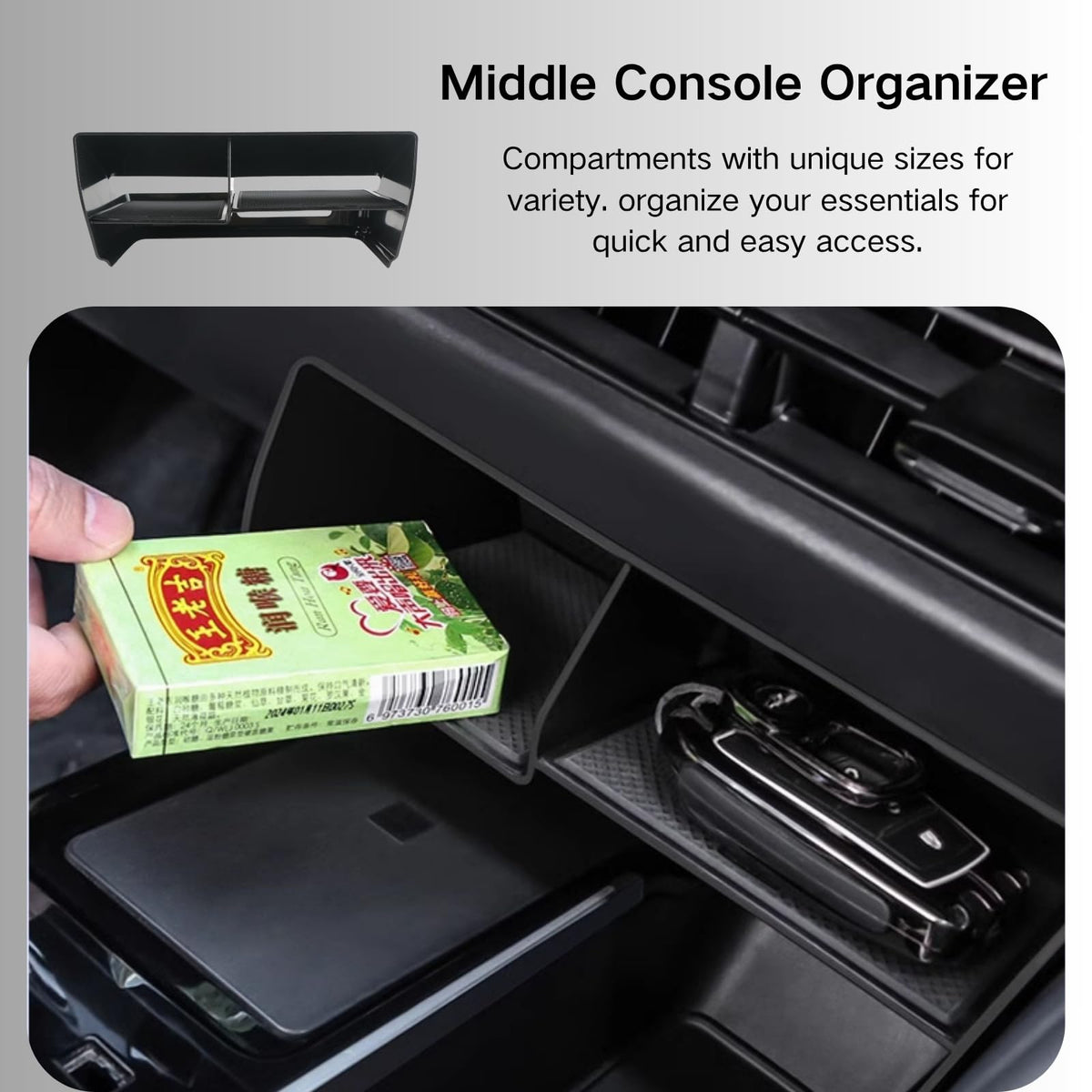 LBNCOBAG installed in Camry console wide shot demonstrating tidy interior benefit