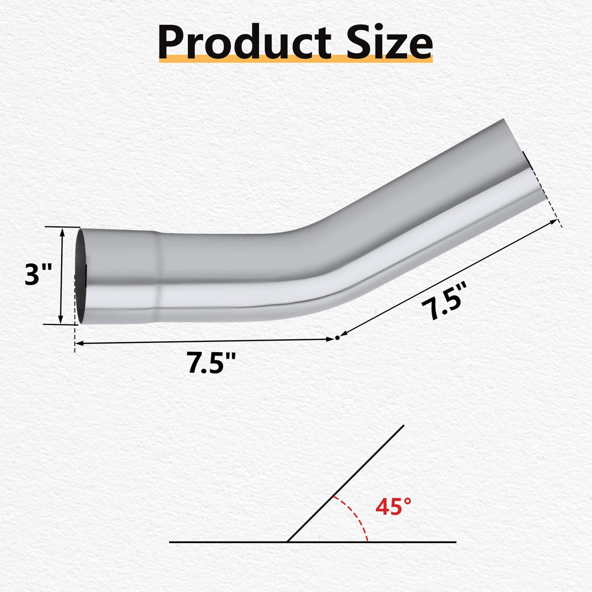 LCGP 45° exhaust angle close-up highlighting clean bend and uniform 3" OD for reliable fit