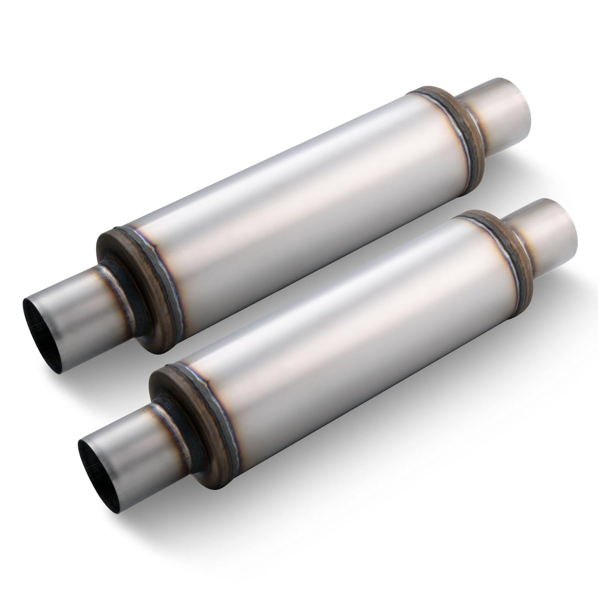 LCGP front view of two mufflers showing universal 2.5" fit and robust finish