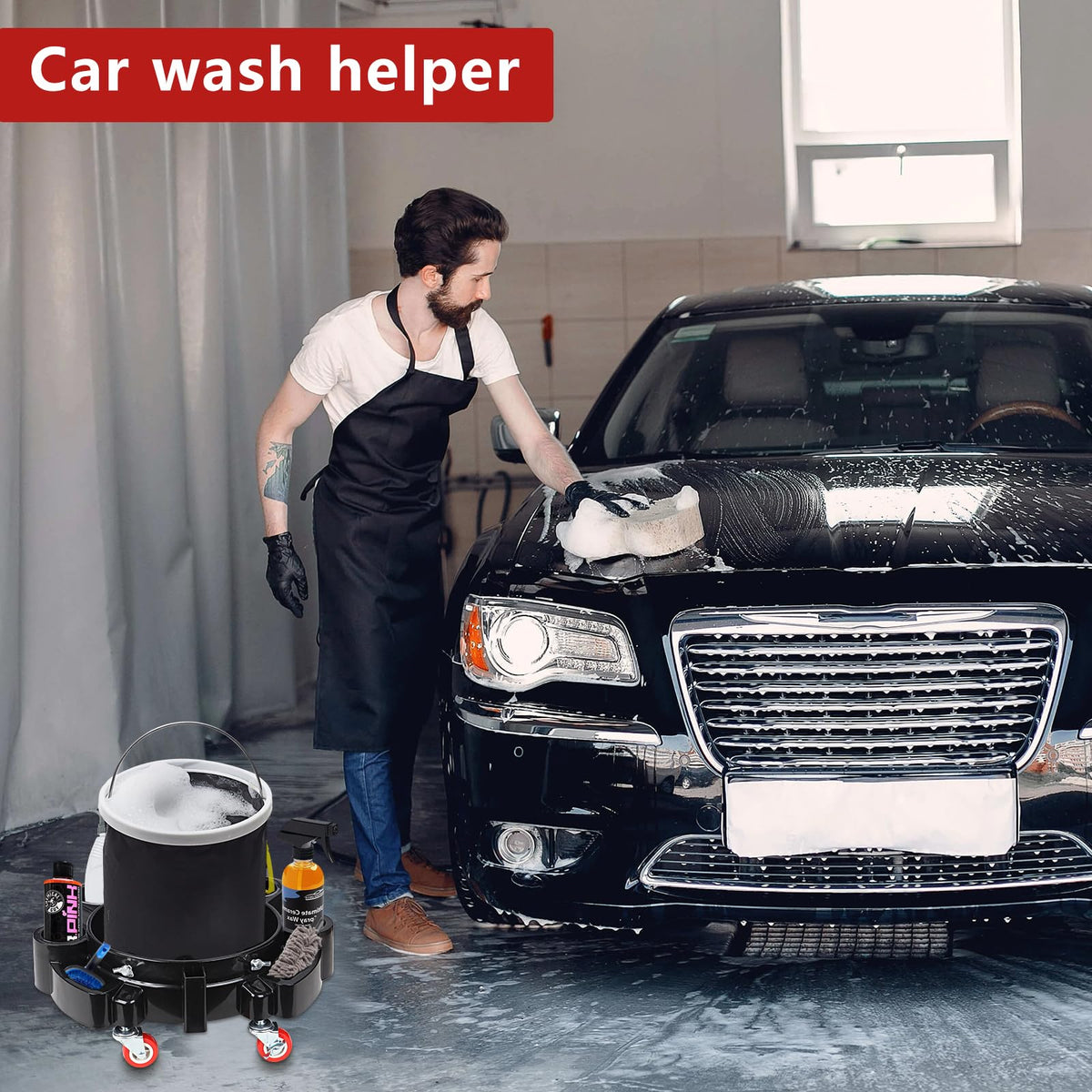 LCGP dolly in use during car detailing showing organized supplies and improved workflow