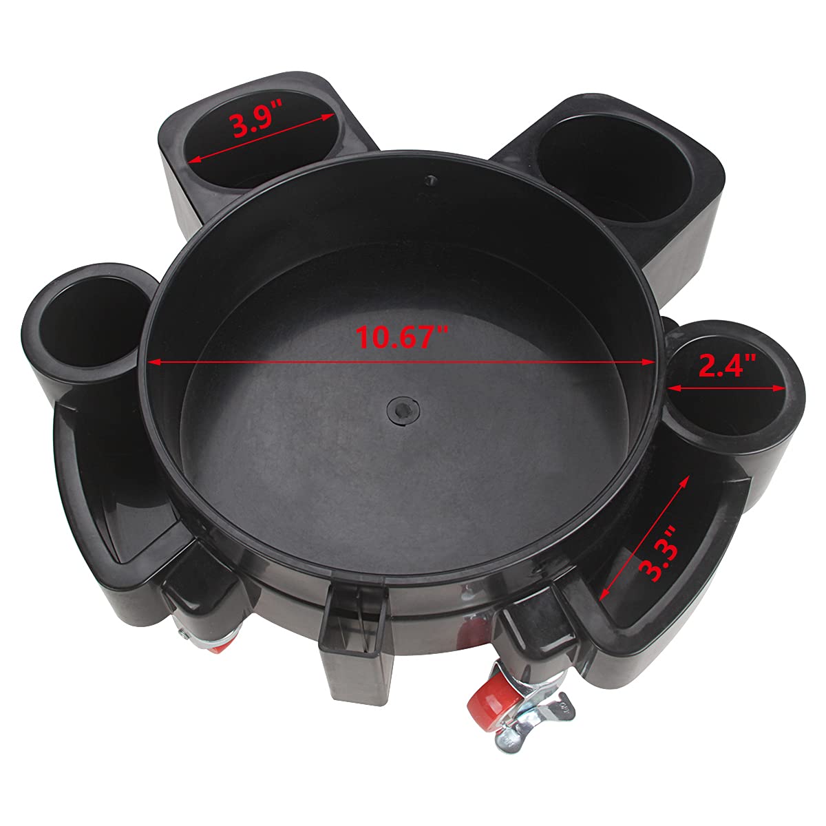 LCGP dolly next to a 5-gallon bucket showing compatible size and compact footprint