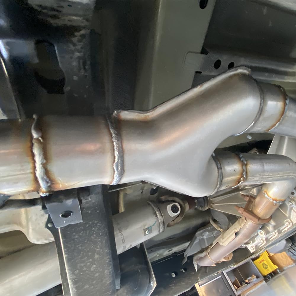 LCGP Y pipe in garage setup illustrating compatibility with custom exhaust work