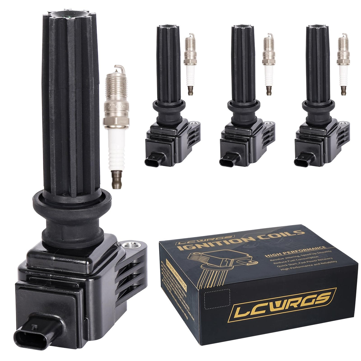 LCWRGS front packaging showing four coil packs and spark plugs, clear fitment benefit