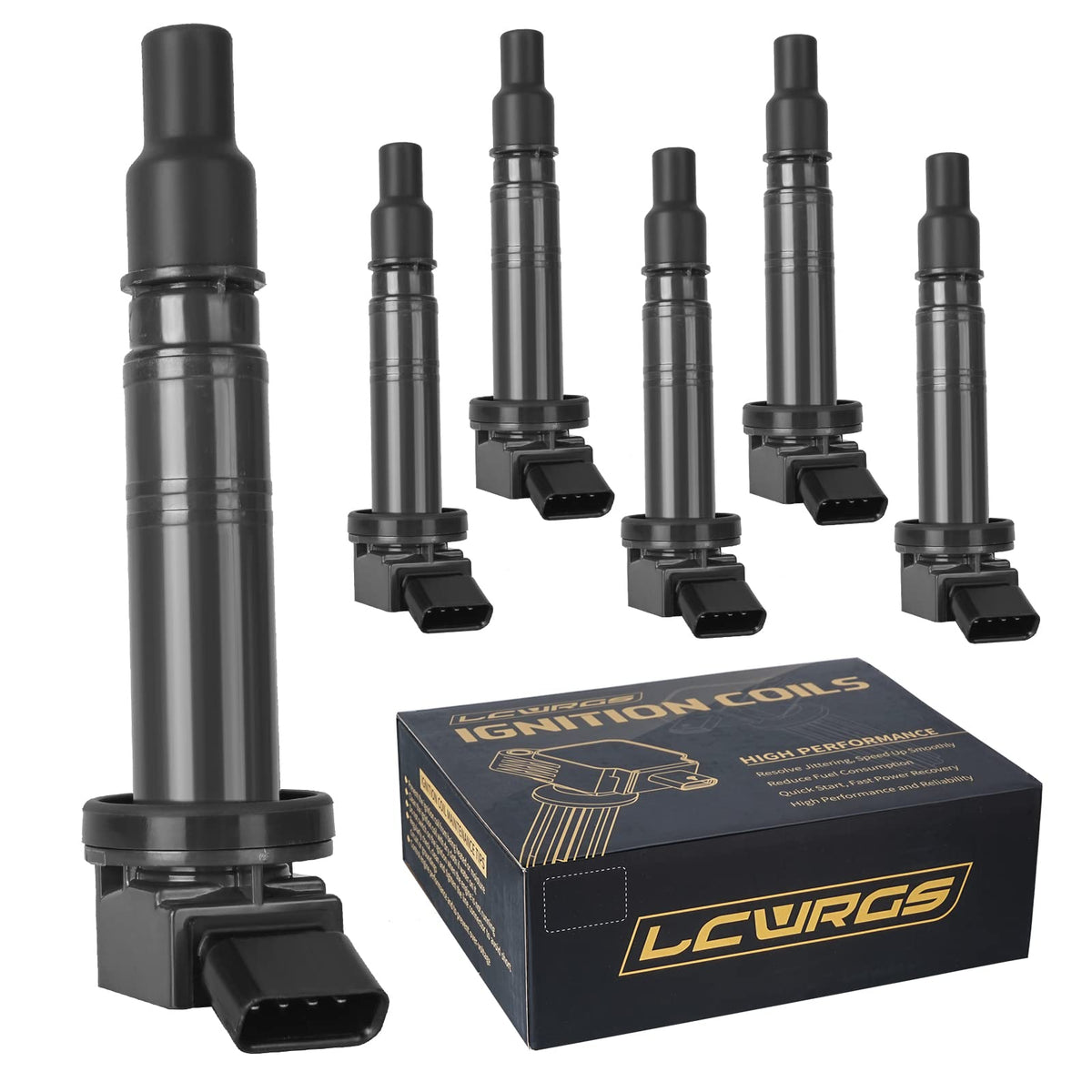 LCWRGS ignition coils front view showing complete six-coil set and fitment benefit