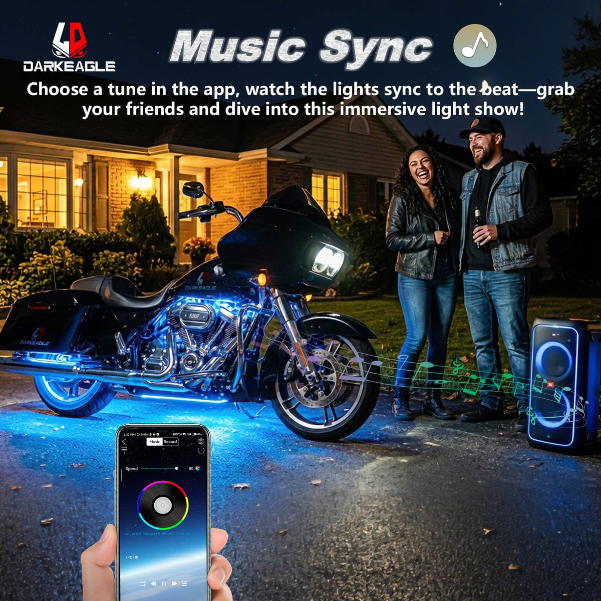 LD DARKEAGLE app control screen on phone adjusting color, speed, and music-sync modes
