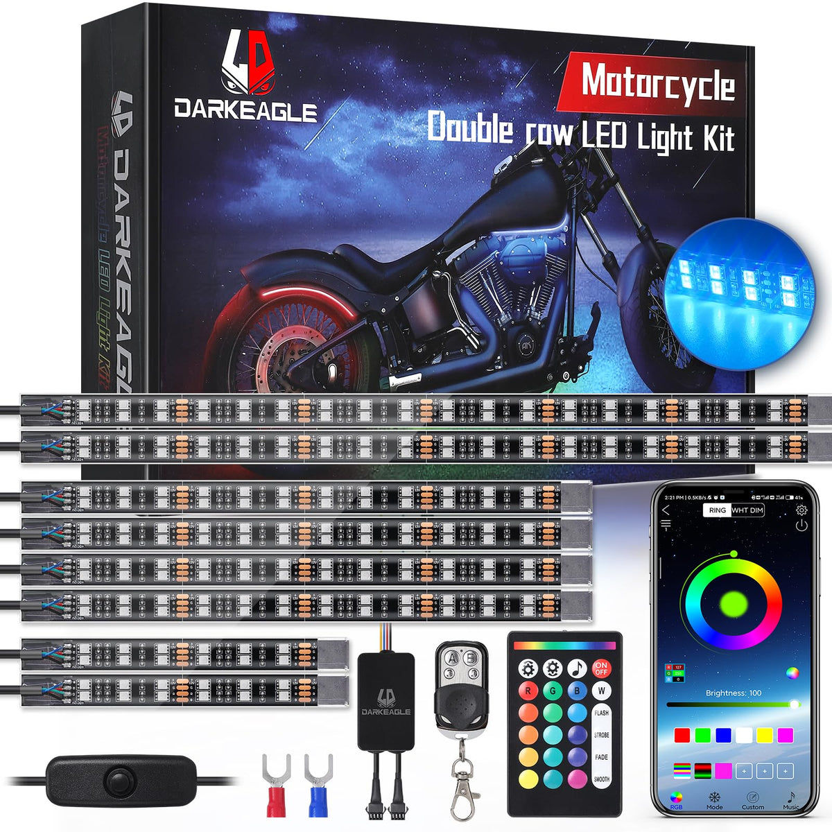 LD DARKEAGLE kit laid out showing strips and controller, clear overview benefit