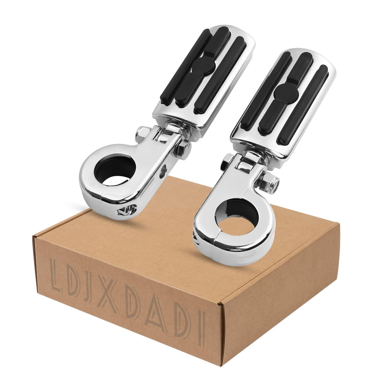 LDJXDADI front view of chrome highway footpegs showing polished finish and easy upgrade benefit