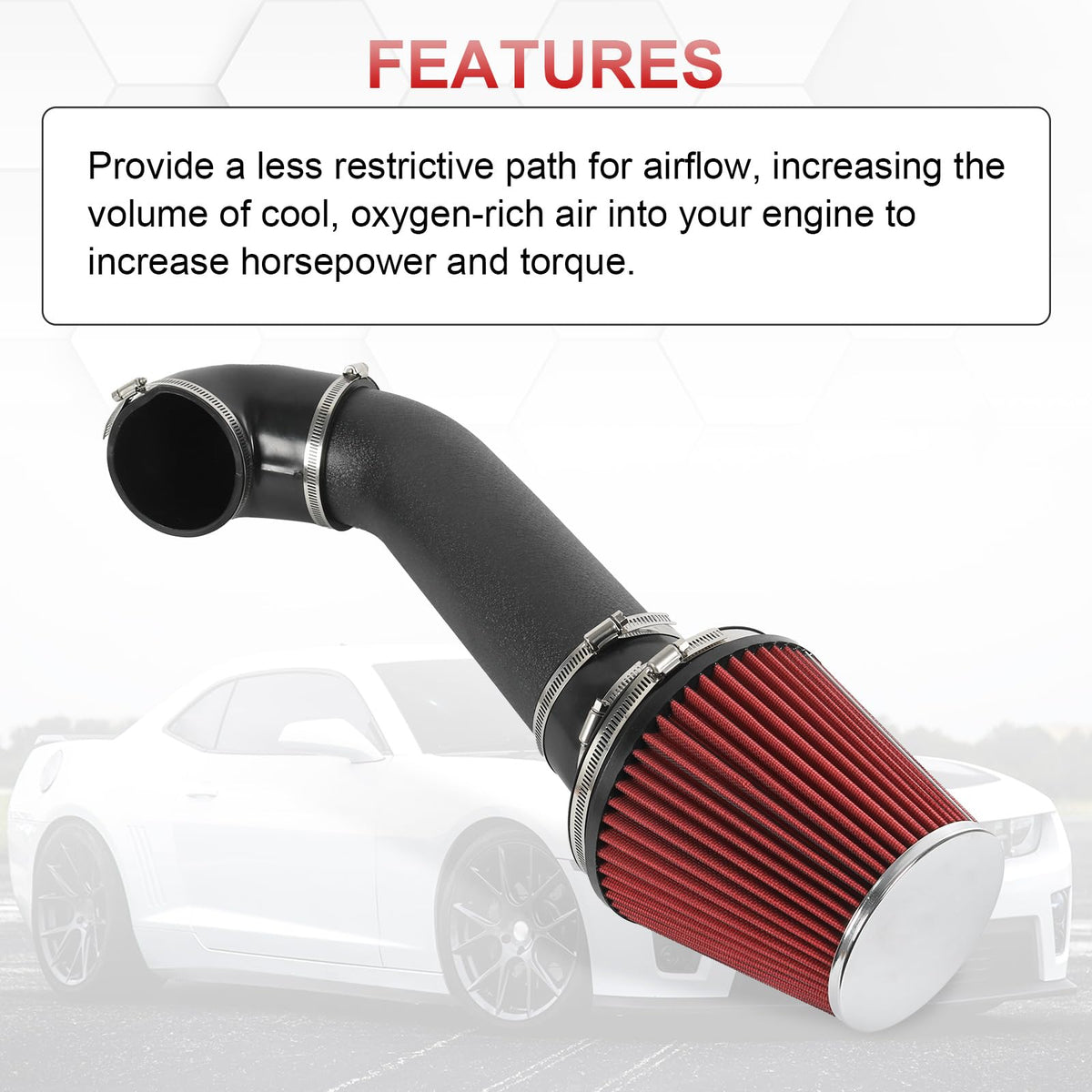 LDMINDA high-flow air filter detail demonstrating increased air volume benefit