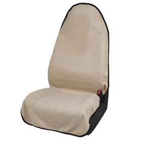 Leader Accessories front packaging showing beige seat cover protecting upholstery