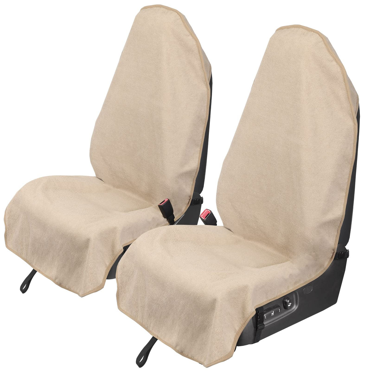 Leader Accessories packaging showing two beige front seat covers protecting interior