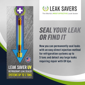 Leak Saver close-up of injection connector and thread detail, brand visible and easy hookup benefit