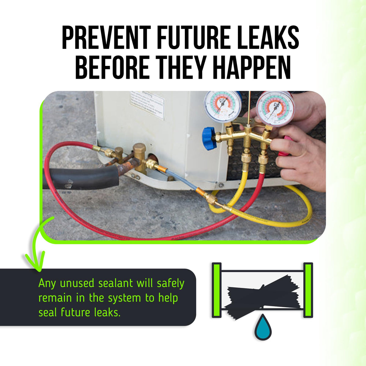 Hand holding Leak Saver bottle to show scale and portable workshop benefit