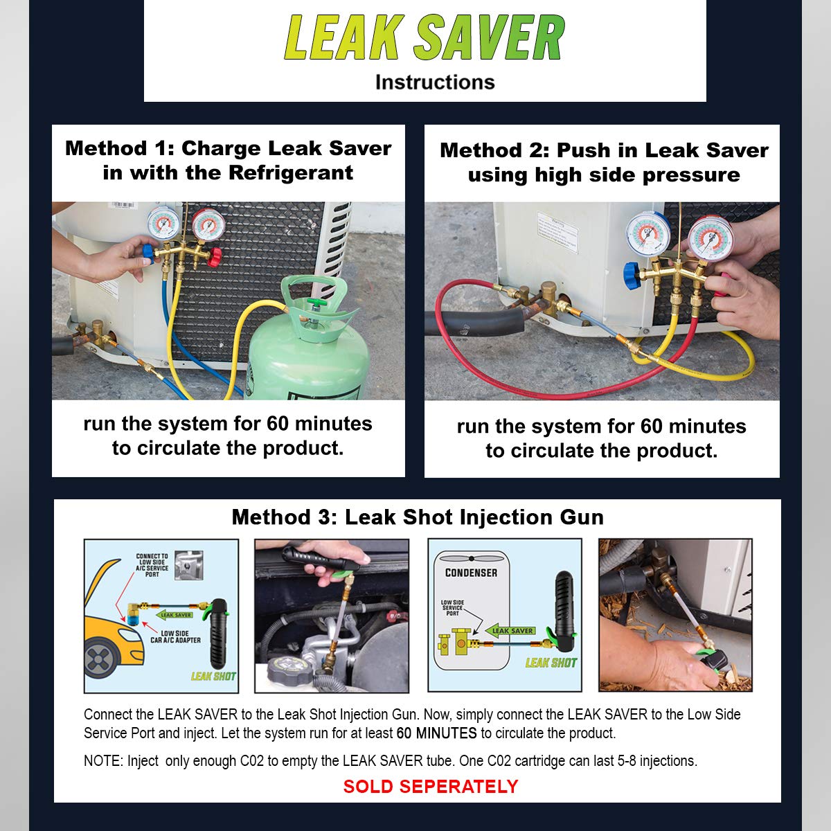 UV flashlight illuminating fluorescent dye from Leak Saver at a refrigerant leak site, brand helps locate leaks