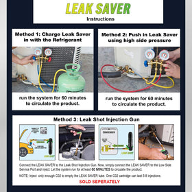 UV flashlight illuminating fluorescent dye from Leak Saver at a refrigerant leak site, brand helps locate leaks