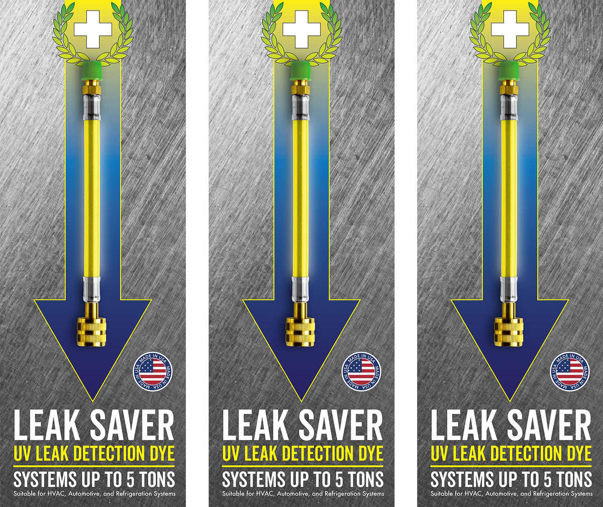 Leak Saver front packaging showing three dye bottles and labeling for quick identification and trust