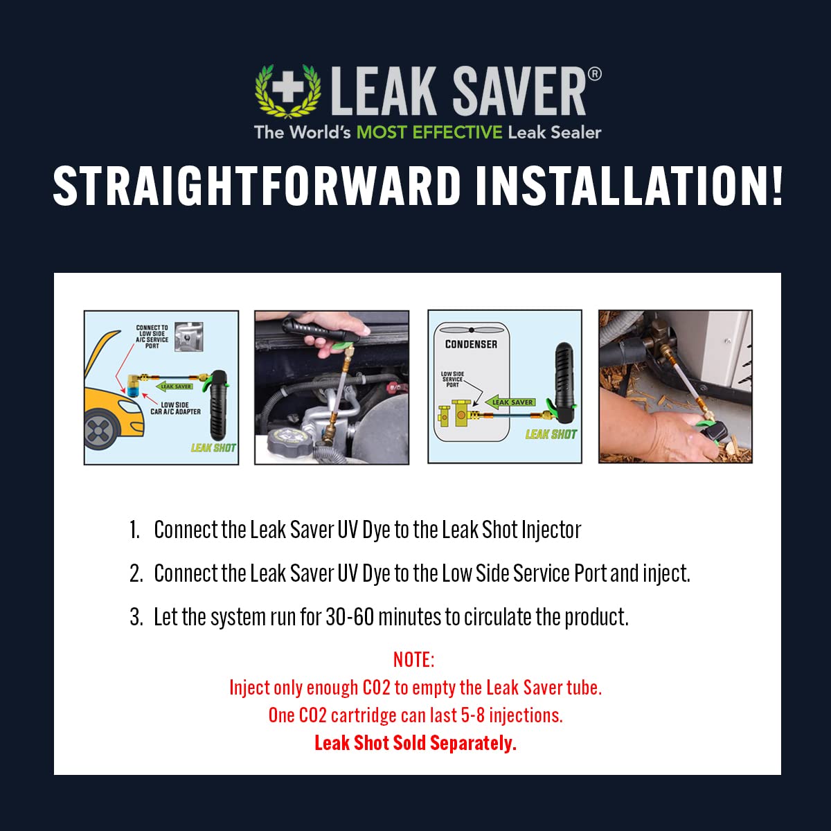 Leak Saver being injected into a car AC low-side demonstrating simple professional use