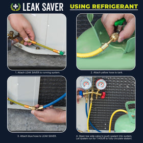 Leak Saver bottle next to condenser unit showing system compatibility benefit