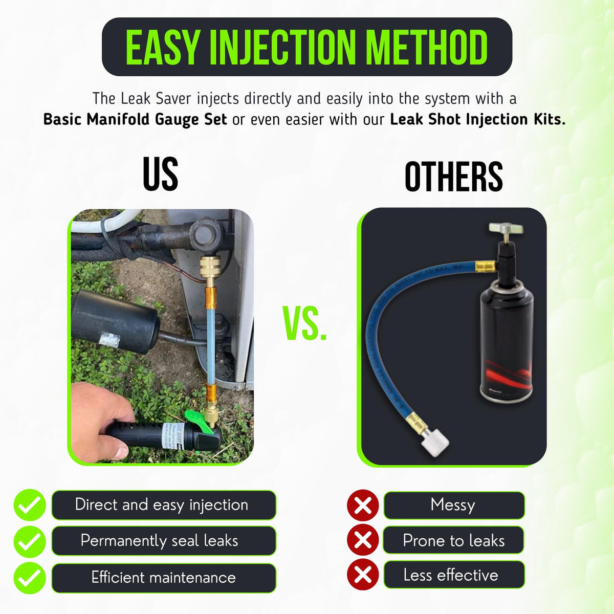 Leak Saver label close-up highlighting compatibility details and benefits
