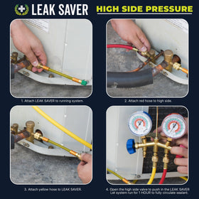 Leak Saver bottle in hand for scale illustrating compact, serviceable size