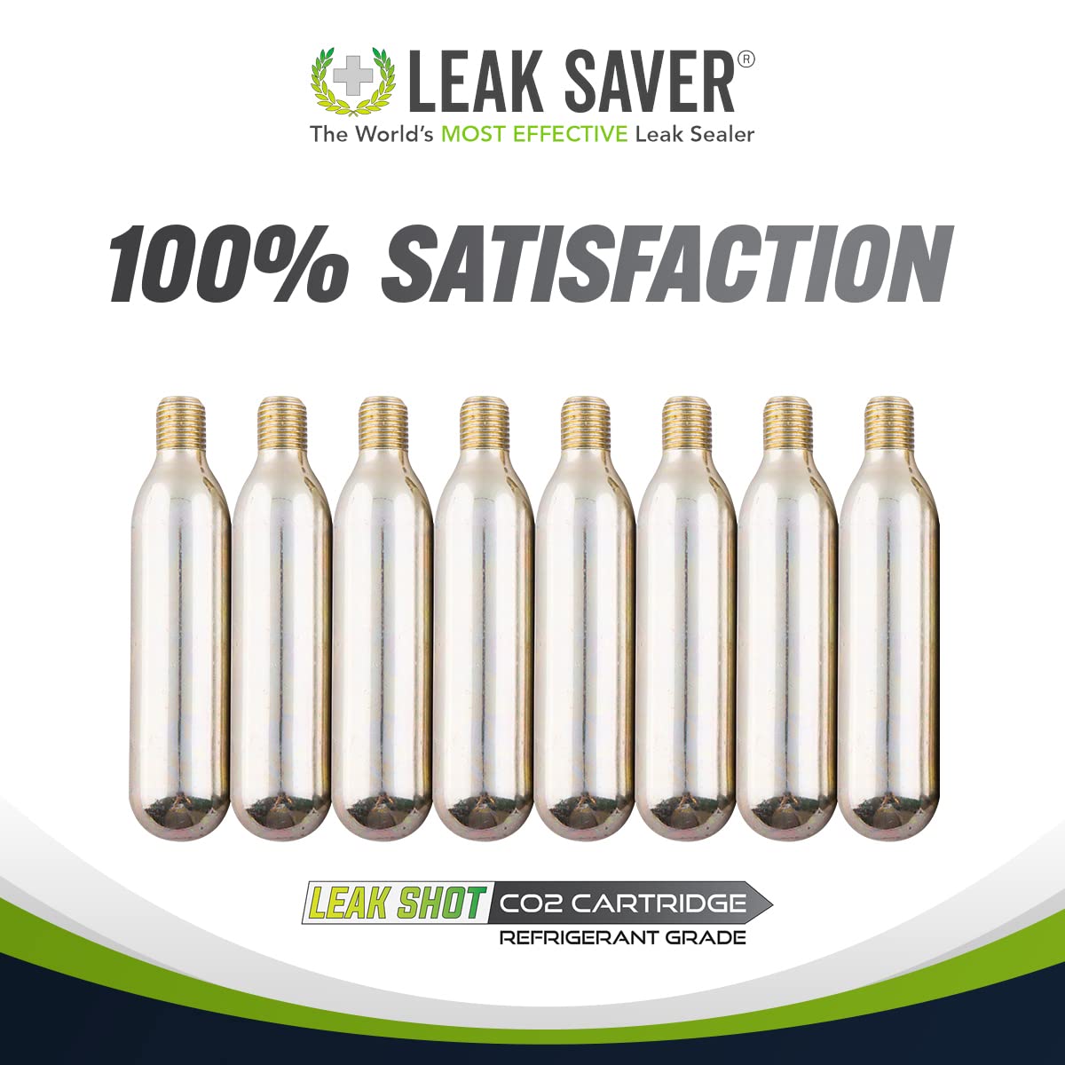 Leak Saver cartridge label and storage orientation, showing brand safety and handling info