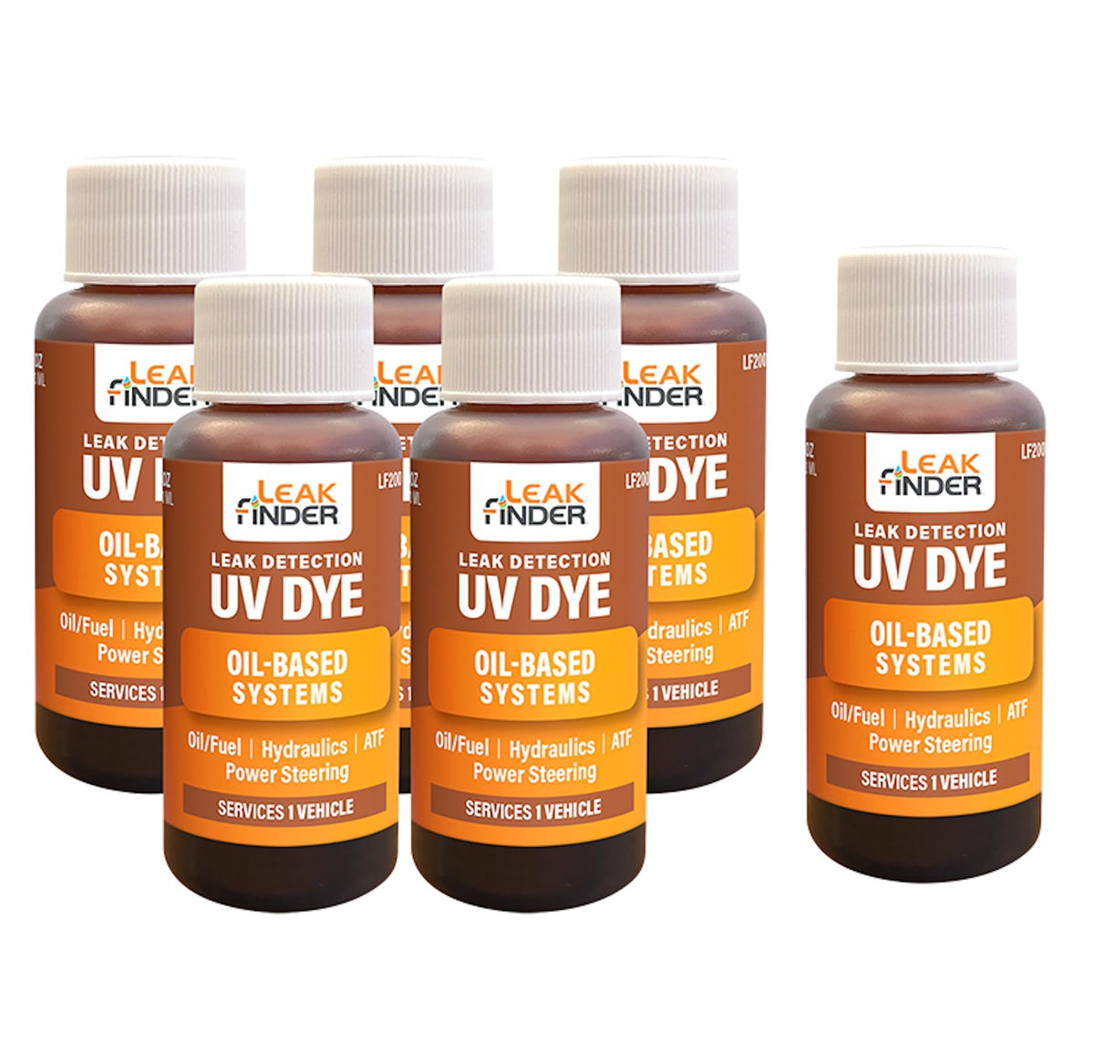 LEAKFINDER front packaging showing six 1oz bottles and clear labeling for quick identification