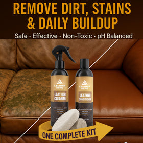 Leather Hero cleaner bottle label visible, highlighting gentle stain-lift benefit
