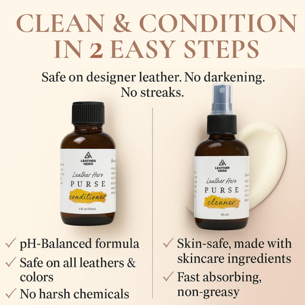Leather Hero cleaner pouring into sponge for precise, controlled cleaning