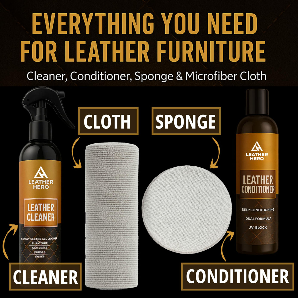 Leather Hero conditioner bottle label close-up showing nourishing formula benefit