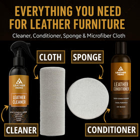 Leather Hero conditioner bottle label close-up showing nourishing formula benefit
