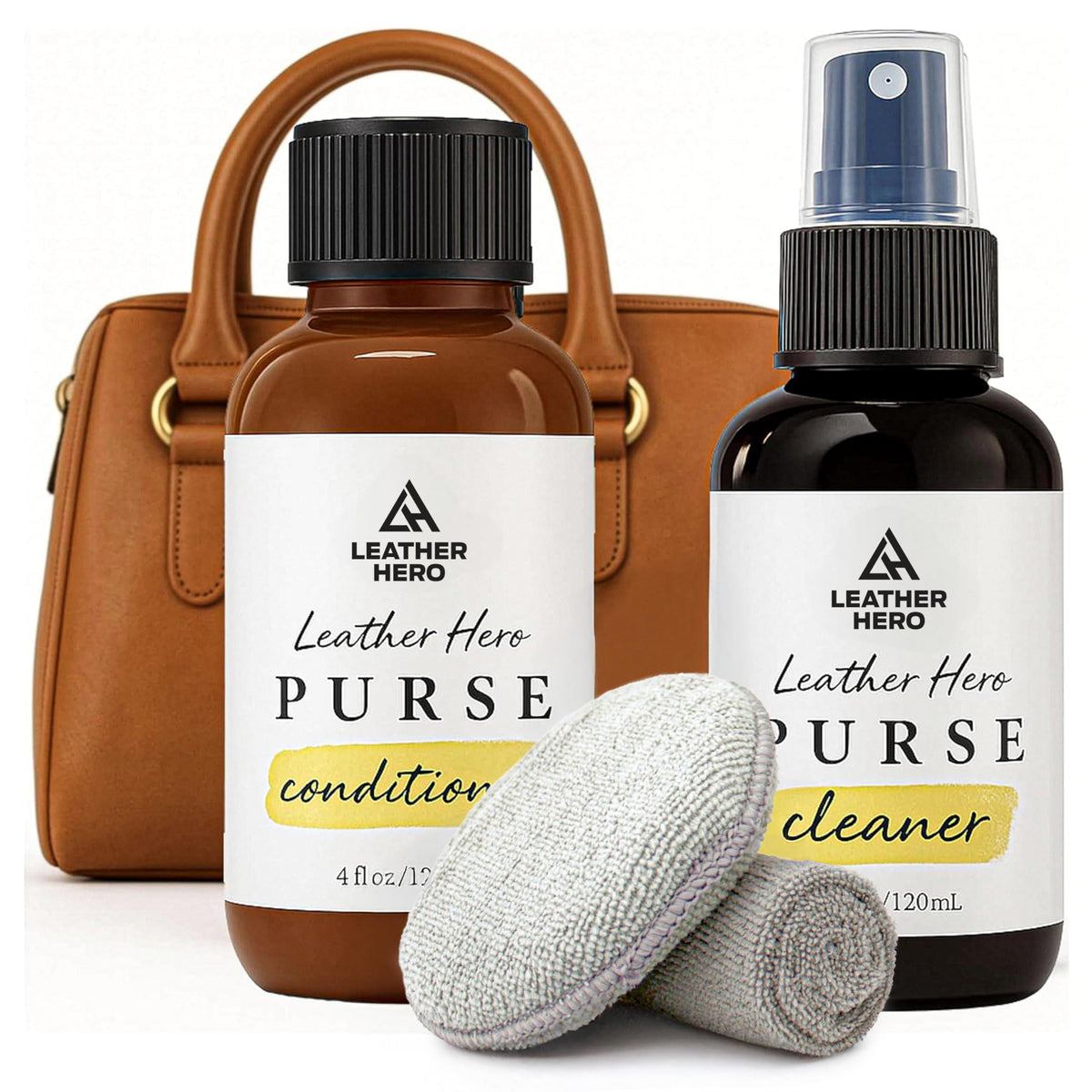 Leather Hero front packaging showing bottles and tools for easy storage