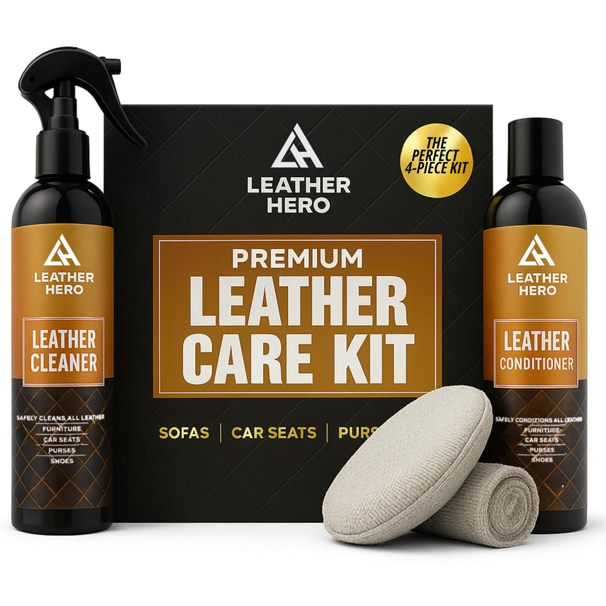 Leather Hero front packaging showing full 4-piece kit and easy storage benefit