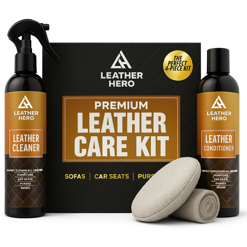 Leather Hero front packaging showing full 4-piece kit and easy storage benefit