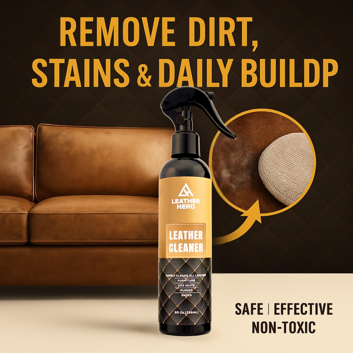 Leather Hero used on car seat showing on-the-go maintenance and protection benefit