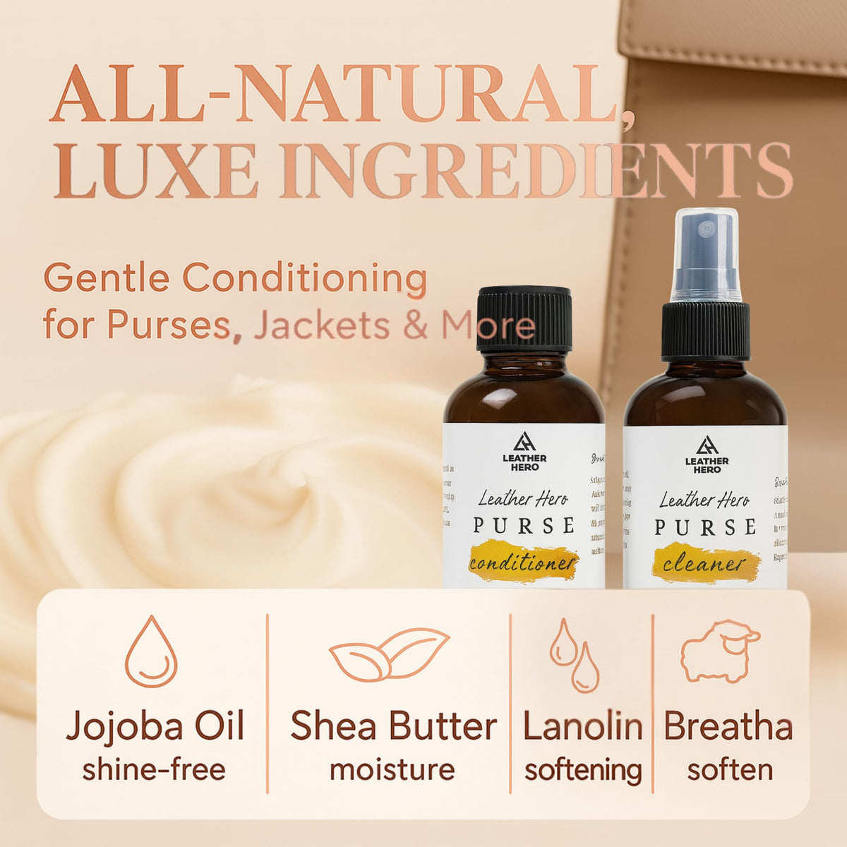 Leather Hero kit staged on a wooden vanity demonstrating elegant care