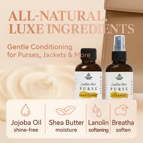 Leather Hero kit staged on a wooden vanity demonstrating elegant care