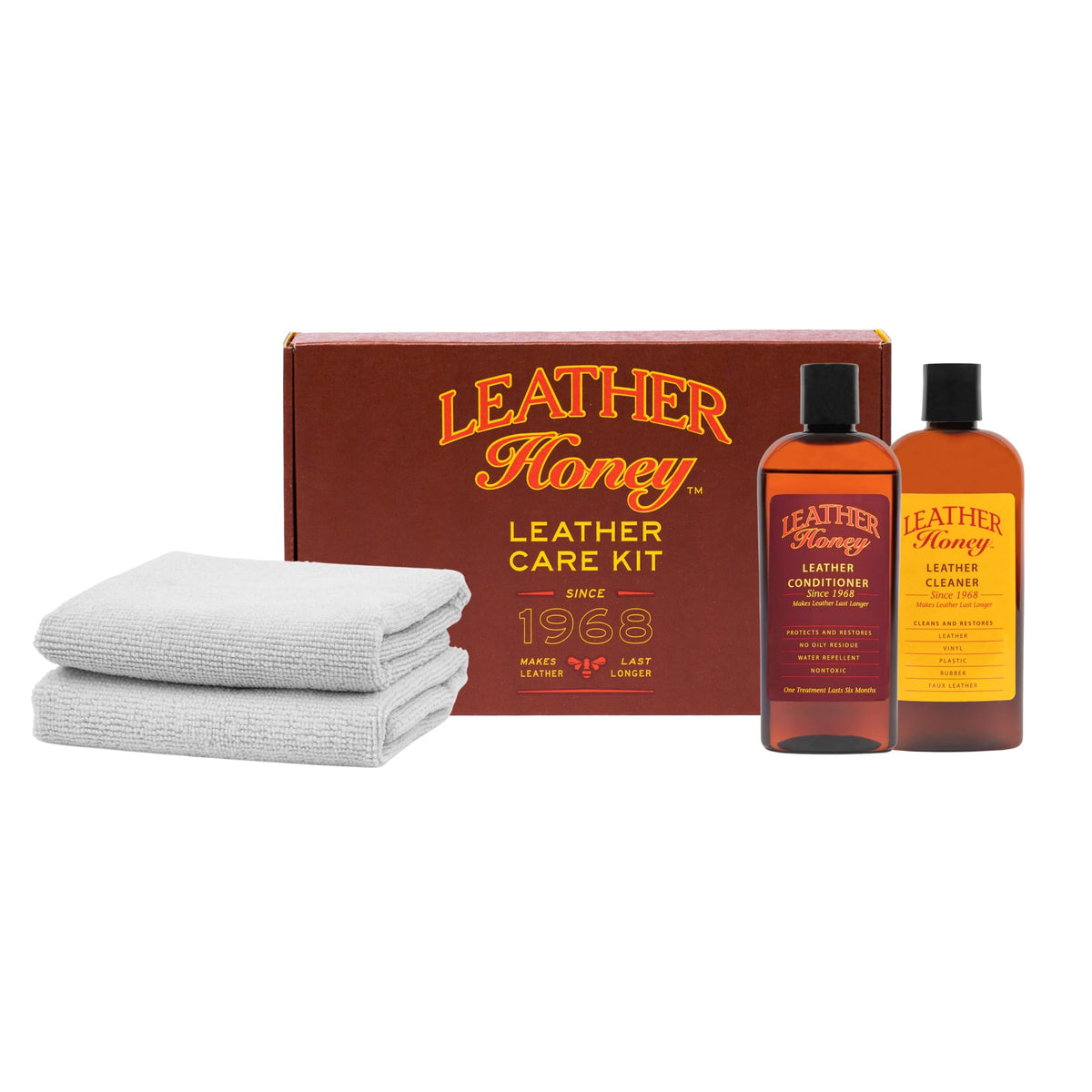 Leather Honey kit front packaging showing contents and benefits