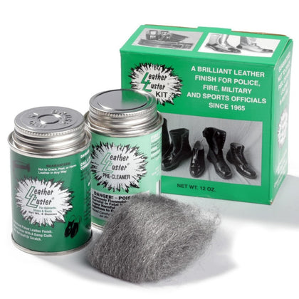 Leather Luster original kit front packaging showing cans and tools for durable shine