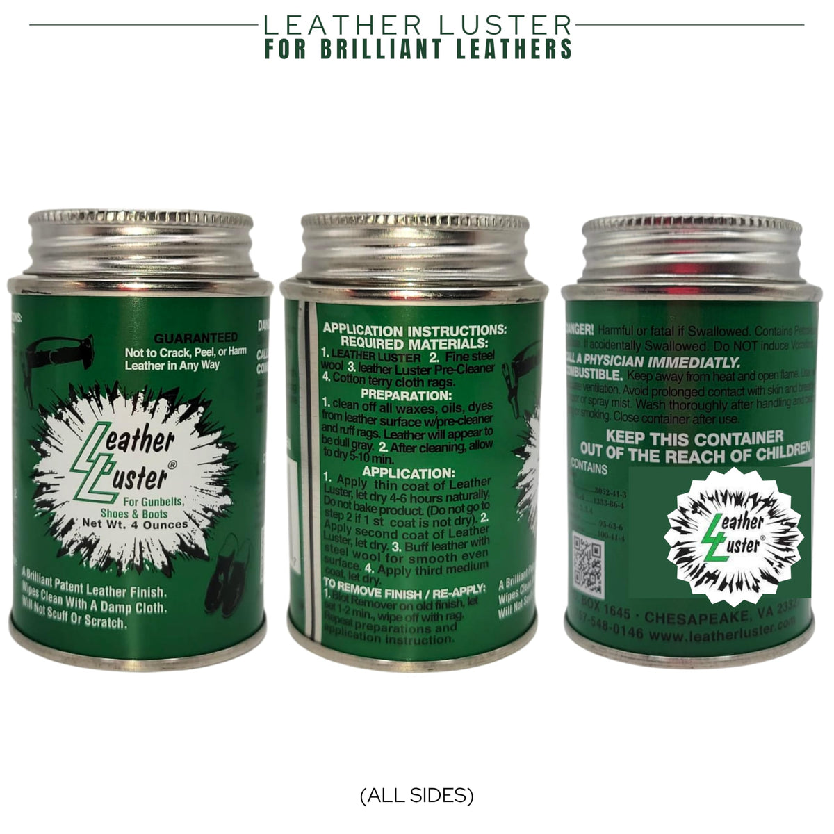 Leather Luster pre-cleaner can label highlighting safer cleaning before polishing