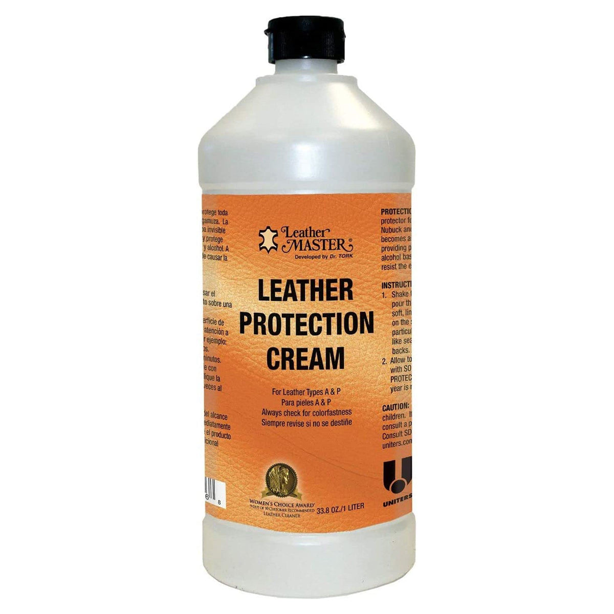 Leather Master bottle front view showing label and 1 litre size benefit protective coverage