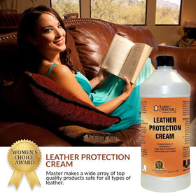 Applying Leather Master cream to a sofa armrest to protect against stains and wear