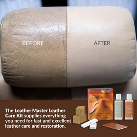 Leather Master before and after on car seat showing restored suppleness and cleaner appearance