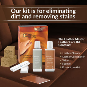 Leather Master cleaner pouring from bottle demonstrating controlled application for safe cleaning