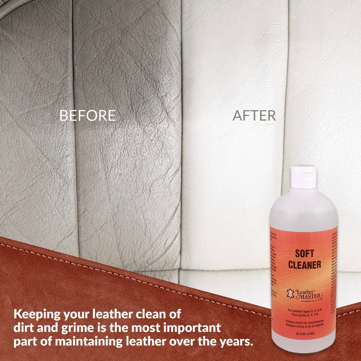 Leather Master cleaning leather sofa with cloth demonstrating effective dirt removal