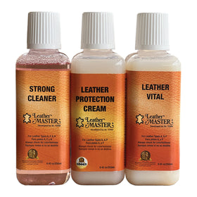 Leather Master front packaging showing full three-piece kit and benefits