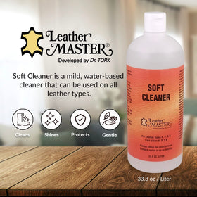 Leather Master cleaner texture poured from bottle highlighting gentle consistency